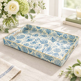Ocean Decorative Plastic Serving Tray – Indigo Shell Medley full-print plastic serving tray shown in a product view.