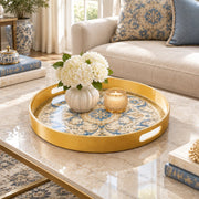 Ramadan & Eid al-Fitr Plastic Serving Tray – Blue Damask Rosette plastic serving tray shown in a round styled scene.