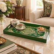 Ramadan & Eid al-Fitr Plastic Serving Tray – Emerald Mandala Bloom plastic serving tray shown in a rectangular styled scene.