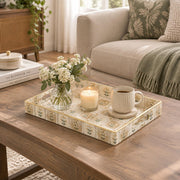 Daily Decorative Plastic Serving Tray – Tan Sprig Tile Stripe full-print plastic serving tray shown in a styled room scene.