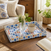 Flower Tile Serving Tray - Blue Gingham Checkerboard - MintiHome