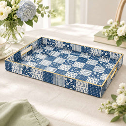 Daily Decorative Plastic Serving Tray – Indigo Sprig Patchwork full-print plastic serving tray shown in a product view.