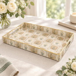 Daily Decorative Plastic Serving Tray – Tan Sprig Tile Stripe full-print plastic serving tray shown in a product view.