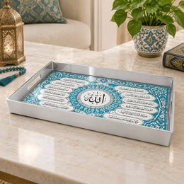 Ramadan & Eid al-Fitr Plastic Serving Tray – Arched Calligraphy Rows plastic serving tray shown in a rectangular product view.