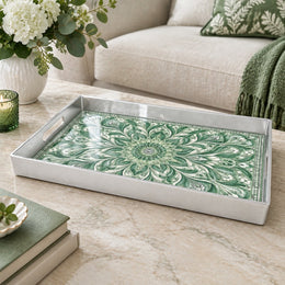 Ramadan & Eid al-Fitr Plastic Serving Tray – Verdant Fan Mandala plastic serving tray shown in a rectangular product view.