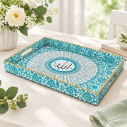Ramadan Decorative Plastic Serving Tray – Turquoise Damask Script full-print plastic serving tray shown in a product view.