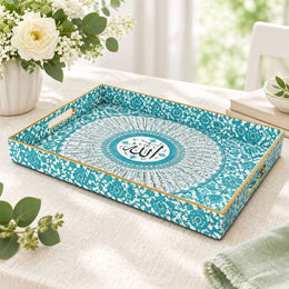 Ramadan Decorative Plastic Serving Tray – Turquoise Damask Script full-print plastic serving tray shown in a product view.