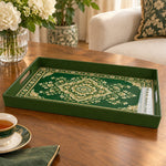 Ramadan & Eid al-Fitr Plastic Serving Tray – Emerald Mandala Bloom plastic serving tray shown in a rectangular product view.