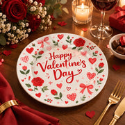 Valentine's Day Decorative Charger Plate – Happy Valentine Rose Bow full-print plastic serving tray shown in a styled room scene.