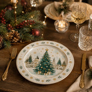 Watercolor Christmas Charger Plate with Village Tree and Gold Accents - MintiHome