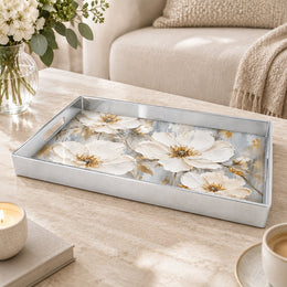 Valentine's Day Plastic Serving Tray – Ivory Magnolia Bloom plastic serving tray shown in a rectangular product view.