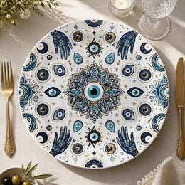 White Evil Eye Hamsa Crescent Ramadan Decorative Charger Plate - MintiHome