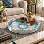Ramadan & Eid al-Fitr Plastic Serving Tray – Arched Calligraphy Rows plastic serving tray shown in a round styled scene.