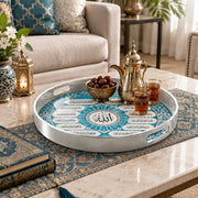 Ramadan & Eid al-Fitr Plastic Serving Tray – Arched Calligraphy Rows plastic serving tray shown in a round styled scene.