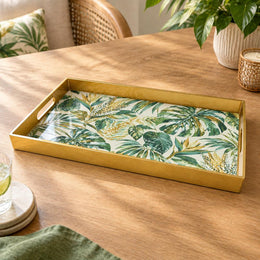 Ramadan & Eid al-Fitr Plastic Serving Tray – Golden Monstera Palm plastic serving tray shown in a rectangular product view.