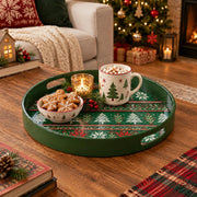 Christmas Decorative Serving Tray – Poinsettia Snowflake plastic serving tray shown in a round styled scene.