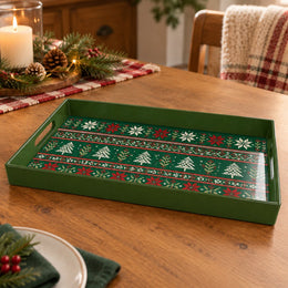 Christmas Decorative Serving Tray – Poinsettia Snowflake plastic serving tray shown in a rectangular product view.