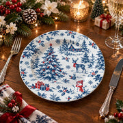 Christmas Decorative Charger Plate – Blue Toile Snowman full-print plastic serving tray shown in a styled room scene.