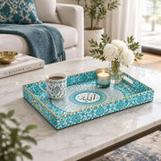 Ramadan Decorative Plastic Serving Tray – Turquoise Damask Script full-print plastic serving tray shown in a styled room scene.