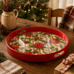Red Stripe Poinsettia Holly Christmas Plastic Serving Tray - MintiHome