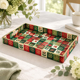 Christmas Decorative Plastic Serving Tray – Checker Snowflake Holly full-print plastic serving tray shown in a product view.