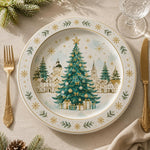 Watercolor Christmas Charger Plate with Village Tree and Gold Accents - MintiHome