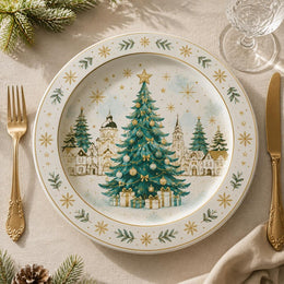 Watercolor Christmas Charger Plate with Village Tree and Gold Accents - MintiHome