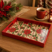 Red Stripe Poinsettia Holly Christmas Plastic Serving Tray - MintiHome