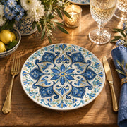 Ramadan Decorative Charger Plate – Royal Blue Damask Cartouche full-print plastic serving tray shown in a styled room scene.