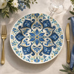 Ramadan Decorative Charger Plate – Royal Blue Damask Cartouche full-print plastic serving tray shown in a product view.