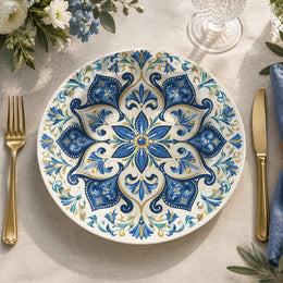 Ramadan Decorative Charger Plate – Royal Blue Damask Cartouche full-print plastic serving tray shown in a product view.
