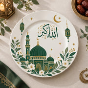 Ramadan Decorative Charger Plate – Green Mosque Crescent full-print plastic serving tray shown in a product view.
