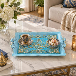Ramadan & Eid Vintage Handle Tray – Blue Calligraphy Border Tray - MintiHome