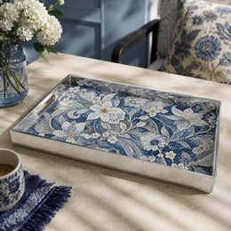 Navy Mosaic Gold Damask Wedding Plastic Serving Tray Rectangular - MintiHome
