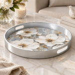 Valentine's Day Plastic Serving Tray – Ivory Magnolia Bloom plastic serving tray shown in a round product view.