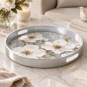 Valentine's Day Plastic Serving Tray – Ivory Magnolia Bloom plastic serving tray shown in a round product view.