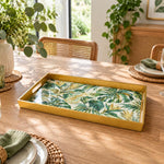 Ramadan & Eid al-Fitr Plastic Serving Tray – Golden Monstera Palm plastic serving tray shown in a rectangular styled scene.