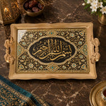 Ivory and black tray with gold trim featuring a calligraphy cartouche and beaded floral vine scrollwork