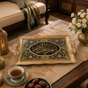 Ivory and black tray with gold trim featuring a calligraphy cartouche and beaded floral vine scrollwork