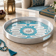 Ramadan & Eid al-Fitr Plastic Serving Tray – Arched Calligraphy Rows plastic serving tray shown in a round product view.