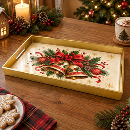 Christmas Decorative Serving Tray – Ribboned Sleigh Bells plastic serving tray shown in a rectangular product view.