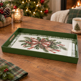 Christmas Decorative Serving Tray – Berry Ribbon Swag plastic serving tray shown in a rectangular product view.