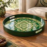 Ramadan & Eid al-Fitr Plastic Serving Tray – Emerald Mandala Bloom plastic serving tray shown in a round product view.