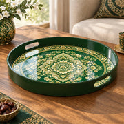 Ramadan & Eid al-Fitr Plastic Serving Tray – Emerald Mandala Bloom plastic serving tray shown in a round product view.