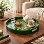 Ramadan & Eid al-Fitr Plastic Serving Tray – Emerald Mandala Bloom plastic serving tray shown in a round styled scene.