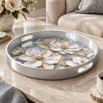 Valentine's Day Plastic Serving Tray – Lavender Magnolia Bloom plastic serving tray shown in a round product view.