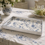 Cream Blue White Small Rose Wedding Plastic Serving Tray Rectangular - MintiHome