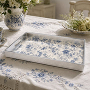 Cream Blue White Small Rose Wedding Plastic Serving Tray Rectangular - MintiHome