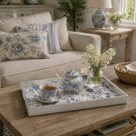 Cream Blue White Small Rose Wedding Plastic Serving Tray Rectangular - MintiHome