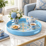 Ramadan & Eid al-Fitr Plastic Serving Tray – Light Blue Floral Scroll plastic serving tray shown in a round styled scene.